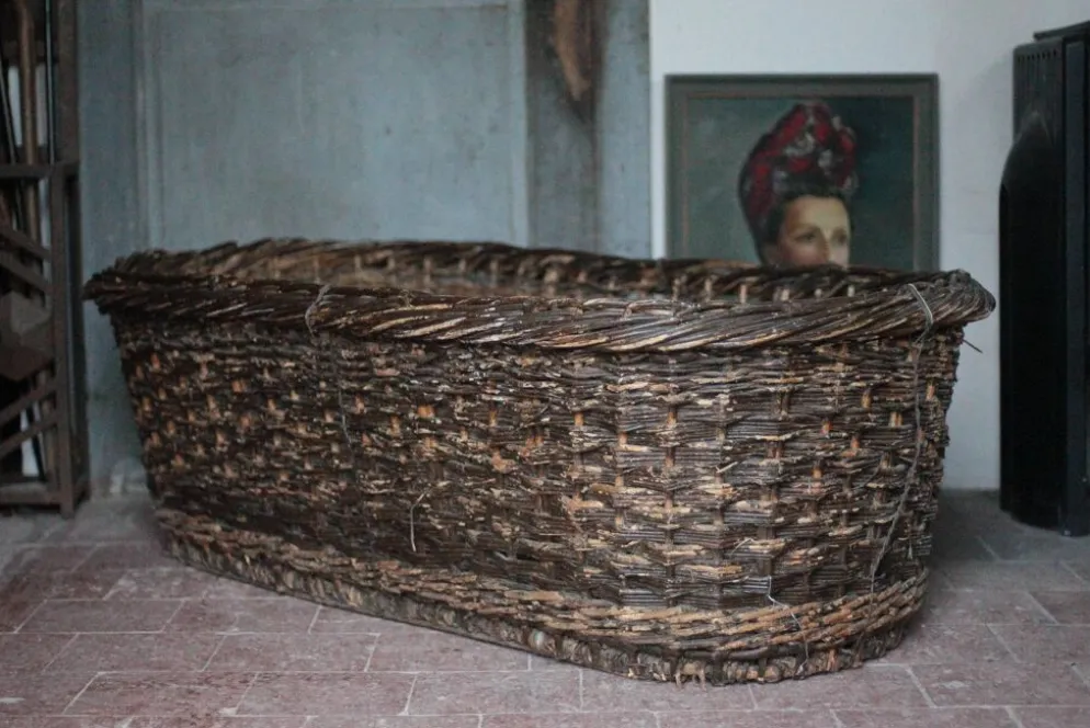XXL panier tressé ancien, panier osier, rangement, outil de boulanger